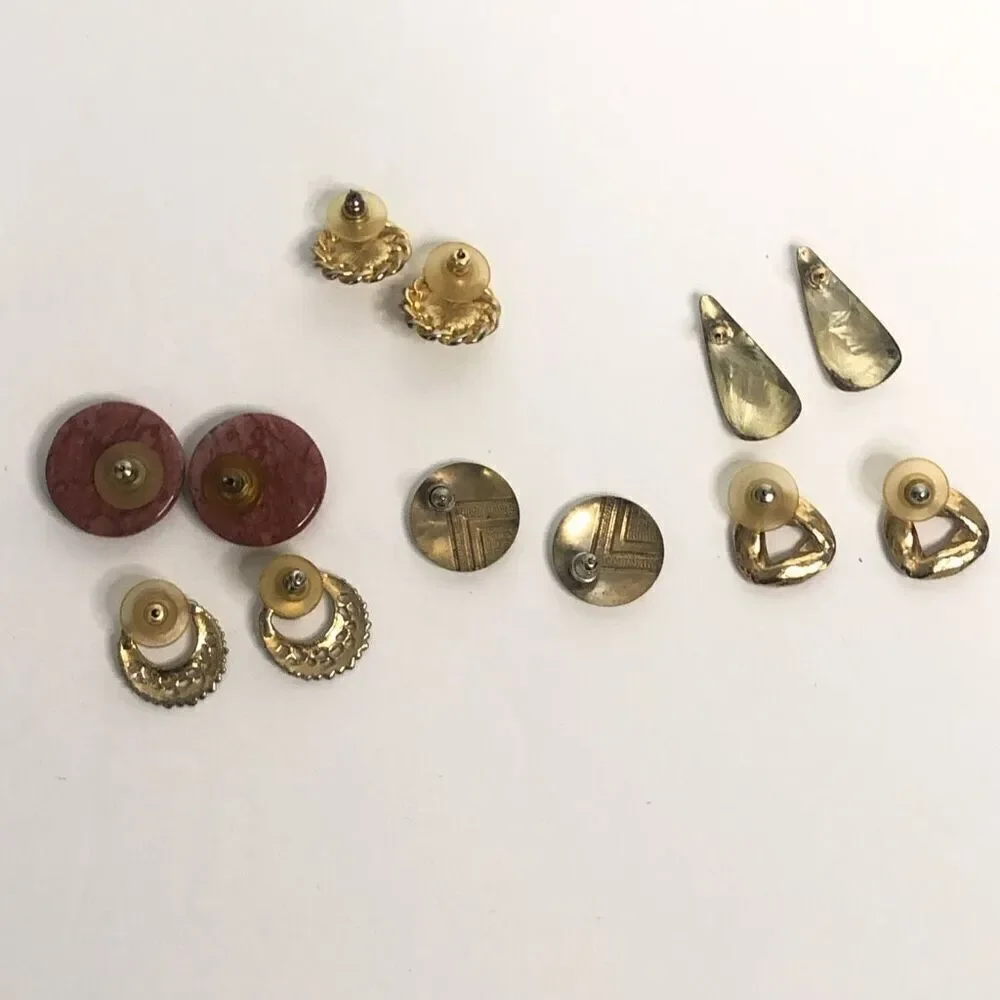 80s 90s red gold white round triangle classic‎ lot of 6 earrings pierced grandma